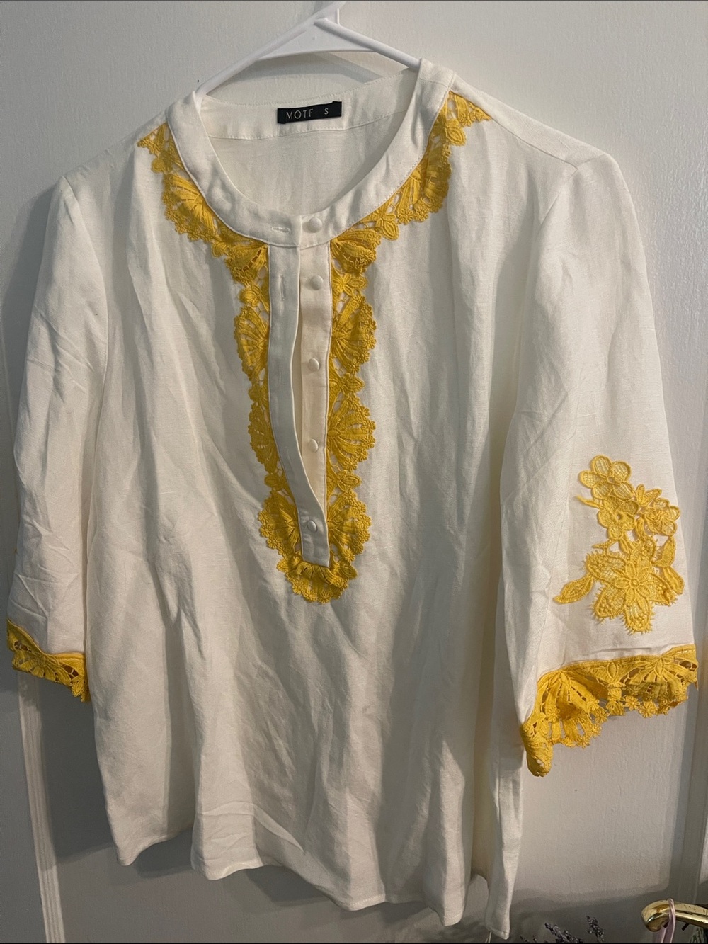 MOTF White Blouse with Yellow Floral Lace Trim